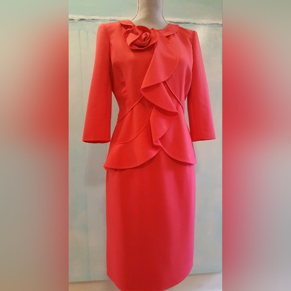 □$4,000 OSCAR DE LA RENTA BEAUTIFUL RUFFLE ROSE RED WOOL SKIRT SUIT US 6 - Picture 3 of 13